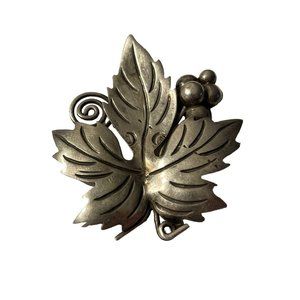 Taxco 925 Sterling Silver Grape Leaf Brooch Pin Vintage Swirl 3D Textured Mexico